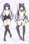  animal_ears apron black_hair black_legwear blush cat_ears cat_tail collarbone dakimakura flat_chest garter_belt highres inu_x_boku_ss k.y_ko long_hair looking_at_viewer lying maid maid_headdress multiple_views nipples no_bra no_panties on_back open_clothes open_mouth panties panty_pull purple_eyes sample school_uniform shirakiin_ririchiyo tail thighhighs underwear waist_apron 