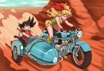  1girl animoose blonde_hair canyon dragon_ball dragon_ball_(classic) fingerless_gloves gloves green_eyes grin ground_vehicle hairband headlight highres long_hair lunch_(dragon_ball) motor_vehicle motorcycle open_mouth short_shorts shorts sidecar smile son_gokuu spiked_hair tail tank_top tire 