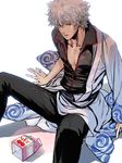  bad_id bad_pixiv_id gintama japanese_clothes male_focus milk sakata_gintoki sexually_suggestive silver_hair sitting solo strawberry_milk tkr_(lovedelic99) 