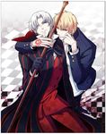  alternate_costume blonde_hair blue_eyes buttons cape checkered command_spell facial_hair fate/zero fate_(series) formal gakuran gilgamesh goatee hug male_focus multiple_boys red_eyes ribbon role_reversal school_uniform smile staff suit toosaka_tokiomi what_if white_hair yukihime_(mofumofu2225) 