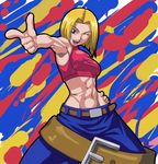  abs armpits bare_shoulders belt beltskirt blonde_hair blue_eyes blue_mary bob_cut crop_top fatal_fury finger_gun fingerless_gloves gloves halter_top halterneck hand_on_hip lowleg lowleg_pants midriff navel one_eye_closed pants shinonome_(game_hakkutsu_tai) short_hair solo the_king_of_fighters toned 