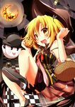  :p absurdres basket bat blonde_hair candy censored checkered convenient_censoring crescent_moon food ghost halloween hat highres jack-o'-lantern looking_at_viewer moon no_panties open_mouth original plaid plaid_skirt pumpkin short_hair skirt solo tongue tongue_out wakagi_repa yellow_eyes 