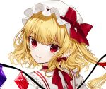  1girl absurdres bangs blonde_hair bow choker commentary_request crystal daimaou_ruaeru eyebrows_visible_through_hair flandre_scarlet frilled_shirt_collar frills from_behind hair_between_eyes hat hat_bow highres long_hair looking_at_viewer looking_back mob_cap one_side_up portrait red_bow red_choker red_eyes red_ribbon ribbon ribbon_choker simple_background smile solo touhou white_background white_hat wings 