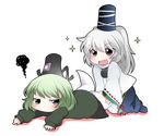  :&lt; bad_id bad_pixiv_id chibi dress fang ghost_tail green_dress green_eyes green_hair grey_eyes hammer_(sunset_beach) hat hat_ribbon japanese_clothes kariginu kneeling long_hair long_sleeves lying mononobe_no_futo multiple_girls on_stomach open_mouth outstretched_arms ponytail ribbon shirt short_hair silver_hair skirt smile soga_no_tojiko sparkle squiggle tail tail_grab touhou wide_sleeves 