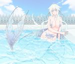  ahoge bare_shoulders blue_eyes breasts choker cleavage fins large_breasts long_hair mermaid monster_girl original partially_submerged ribbon ribbon_choker scales shinzui_(fantasysky7) sitting solo split_tail water wet white_hair 