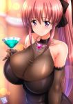  1girl bare_shoulders breasts cup dress eyebrows_visible_through_hair jewelry kamogawa_tanuki large_breasts long_hair necklace original pink_hair ponytail purple_eyes sleeved_gloves smile 