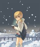  2012 bag blonde_hair blush_stickers cellphone contemporary dated final_fantasy final_fantasy_tactics hair_bobbles hair_ornament hood hoodie junkpuyo kneehighs long_hair looking_at_viewer messenger_bag miniskirt mittens moogle phone pleated_skirt red_eyes shoulder_bag skirt smartphone snow snowing snowman solo twintails white_mage white_mage_(fft) 