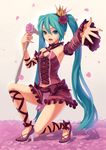  crown fkey flower hair_flower hair_ornament hatsune_miku high_heels highres long_hair microphone nail_polish outstretched_arms petals project_diva_(series) project_diva_2nd ribbon romeo_to_cinderella_(vocaloid) rose shoes solo vintage_dress_(module) vocaloid 
