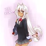  aki_(prdx85) antenna_hair bad_id bad_pixiv_id bag blush bow brown_eyes dark_elf dark_skin elf long_hair pointy_ears ponytail sansei_muramasa skirt solo soukou_akki_muramasa translated white_hair 