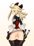  armor armored_dress ass blonde_hair boots bow bravely_default:_flying_fairy bravely_default_(series) edea_lee gloves green_eyes hair_bow highres hou_(hachiyou) katana long_hair looking_at_viewer no_legwear no_panties pussy simple_background solo sword thigh_boots thighhighs weapon white_background 