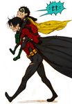  batman_(series) belt black_hair boots brother brothers cape carry carrying damian_wayne dc_comics domino_mask family frown gloves green_shoes hood injury male male_focus mask multiple_boys piggyback red_robin robin_(dc) sharp_teeth shoes siblings tim_drake torn_clothes walking 