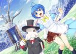  alice_in_wonderland antenna_hair blue_eyes blue_hair blush book bow bowtie bunny cheshire_cat cuffs dissolving_clothes field gloves h_kasei hallway hat highres holding holding_book maid mountain open_mouth otoha_shiori pocket_watch ribbon roudoku_shoujo short_hair skirt socks top_hat transformation tree tunnel watch white_gloves white_rabbit window 