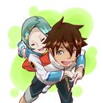  1girl aqua_hair bad_id bad_pixiv_id brown_hair carrying eureka eureka_seven eureka_seven_(series) hair_ornament hairclip highres hug piggyback pikushibuaidhy raglan_sleeves renton_thurston short_hair smile 