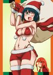  bikini black_hair buratei_marii glasses gloves green_eyes hirokawa_kouichirou joshiraku kuurubiyuutei_gankyou miniskirt multiple_girls one_eye_closed red_scarf sack santa_costume scarf short_hair skirt swimsuit thighhighs 