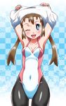  blue_eyes brown_hair hikari_(mitsu_honey) leotard long_hair mei_(pokemon) one_eye_closed pantyhose pink_leotard pokemon pokemon_(game) pokemon_bw2 solo twintails undressing white_leotard 