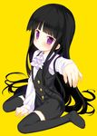  black_hair black_legwear blush full_body inu_x_boku_ss long_hair meito_(maze) outstretched_arm purple_eyes school_uniform shirakiin_ririchiyo simple_background sitting solo thighhighs wariza yellow_background zettai_ryouiki 