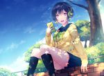  :d bad_id bad_pixiv_id black_hair brick_wall cellphone dappled_sunlight headphones holding looking_at_viewer open_mouth original phone pink_eyes porigon school_uniform short_hair sitting skirt smile solo star sunlight 