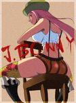  1girl ass boots breasts chair character_name female hat jewelry_bonney legs midriff one_piece patterned_legwear pink_hair sitting smirk solo spike07 suspenders thighhighs thighs 