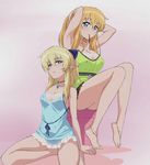  adjusting_hair anklet babydoll barefoot blonde_hair blue_eyes breasts choker cleavage cover cropped dvd_cover elf feet frills fujii_masahiro hands_on_feet jewelry large_breasts long_hair long_legs lukshana mouth_hold multiple_girls nail_polish non-web_source official_art parted_lips pointy_ears ribbon sitting tiffania_westwood toenail_polish yokozuwari zero_no_tsukaima 