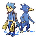  blue_hair costume diving_suit fins flippers gen_1_pokemon golduck hitec long_hair male_focus moemon multicolored_hair personification pokemon pokemon_(creature) ponytail red_eyes scuba scuba_tank standing 