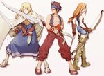 2girls akisawa_machi archer_(fft) armor armored_dress bad_id bad_pixiv_id belt blonde_hair boots bow_(weapon) cape capri_pants dress dual_wielding final_fantasy final_fantasy_tactics headband holding knight_(fft) long_hair long_skirt monk_(fft) multiple_girls orange_hair pants short_dress skirt sword thigh_boots thighhighs weapon 