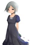  arms_behind_back black_dress brown_eyes commentary_request dress flower metal_gear_(series) metal_gear_solid_4 sasoribi-dekine short_hair silver_hair sunny_gurlukovich 