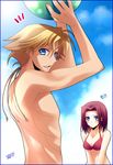  1girl abs arms_up back ball beachball bikini blonde_hair blue_eyes blush braid breasts cleavage cloud code_geass day gino_weinberg kallen_stadtfeld looking_back medium_breasts outdoors red_hair shirtless short_hair sky smile swimsuit translation_request zinno 