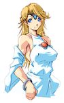 arikawa armpits blonde_hair blue_eyes bracelet breasts circlet covered_nipples detached_sleeves dress halterneck jewelry large_breasts long_hair lost_worlds simple_background smile solo sylphie 