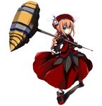  beret black_gloves braid bunny_hair_ornament dress elbow_gloves gloves graf_eisen hair_ornament hammer hat huge_weapon long_sleeves looking_at_viewer lyrical_nanoha magical_girl mahou_shoujo_lyrical_nanoha mahou_shoujo_lyrical_nanoha_a's obscur red_dress red_hair simple_background solo twin_braids vita weapon white_background 