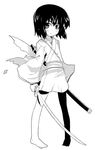  bangs barefoot feet fujiwara_no_mokou fujiwara_no_mokou_(young) greyscale japanese_clothes kimono monochrome ooide_chousuke pigeon-toed solo sword touhou weapon younger yukata 