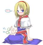 afterimage alice_margatroid blonde_hair blue_eyes blush capelet come_hither dress hairband hane_(hanegoya) looking_at_viewer patting_lap short_hair sitting solo spoken_blush spoken_sweatdrop sweatdrop touhou tsundere wavy_mouth white_capelet 