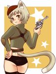  :3 animal_ears ass beret blush brown_hair gun handgun hat looking_back luna2 mole mole_under_eye original revolver short_hair solo tail thighhighs turtleneck weapon yellow_eyes 