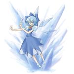  arnest blue_dress blue_eyes blue_hair cirno crystal dress expressionless ice ice_wings looking_at_viewer looking_back outstretched_arms pose puffy_short_sleeves puffy_sleeves short_sleeves simple_background solo touhou white_background wings 