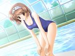  breasts brown_eyes brown_hair cleavage dutch_angle game_cg hairband hands_on_own_knees indoors jpeg_artifacts kayura_yuka leaning_forward medium_breasts new_school_swimsuit non-web_source one-piece_swimsuit pool school_swimsuit short_hair solo sukumizu_~fecchi_ni_narumon!~ swimsuit window yaegashi_nan 