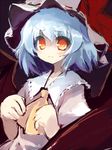  ascot blush dress frills hat looking_at_viewer mob_cap puffy_short_sleeves puffy_sleeves red_eyes remilia_scarlet short_hair short_sleeves silver_hair solo tareme touhou upper_body white_dress xexu 