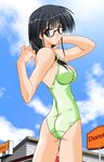  aqua_eyes ass black_hair breasts cleavage comic_party glasses hasebe_aya long_hair medium_breasts non-web_source one-piece_swimsuit solo swimsuit 