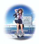  black_skirt blue_sailor_collar blush brown_hair cloud day floating_hair full_body horizon ikeda_yasuhiro long_hair looking_at_viewer neckerchief ocean original outdoors pleated_skirt road sailor_collar school_uniform serafuku shirt sidelocks sidewalk sign skirt solo standing street text_focus water white_shirt wind 