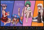  absurdres arm_support barefoot blonde_hair blue_hair character_doll character_name chemise curly_hair feet frills glasses green_eyes green_hair head_rest highres hug klan_klein long_hair looking_at_viewer lying macross macross_frontier matsuura_nanase multiple_girls official_art on_stomach pajamas pointy_ears ponytail purple_eyes purple_hair ranka_lee red_eyes scan sheryl_nome short_hair sitting smile takahashi_takashi twintails very_long_hair 