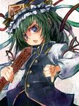  blue_eyes green_hair hat ribbon rod_of_remorse shiki_eiki short_hair solo thumbs_down touhou ukyo_rst 