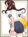  arrow ass bad_id bad_pixiv_id ball brown_hair copyright_request cowboy_shot double_vertical_stripe green_eyes gym_uniform headband long_hair masao shorts solo thighhighs white_legwear 