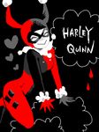  bad_id bad_pixiv_id black_background black_bodysuit bodysuit character_name closed_eyes dc_comics domino_mask flat_color gloves harley_quinn heart mask mismatched_gloves red_bodysuit smile solo tegaki 