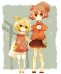  alternate_hairstyle azuma_aya blonde_hair blush brown_eyes brown_hair chibi moriya_suwako multiple_girls oversized_clothes pouch red_eyes short_hair side_ponytail standing thighhighs touhou wide_sleeves yasaka_kanako 