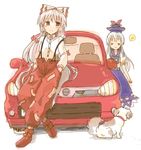  blush car dog fujiwara_no_mokou ground_vehicle hat kamishirasawa_keine long_hair marupeke motor_vehicle multiple_girls suspenders touhou white_hair 