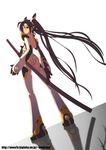 ass ayaki back bad_id bad_pixiv_id black_hair boots gloves grey_eyes legs long_hair looking_back original pointy_ears solo sword thigh_boots thighhighs twintails weapon 