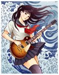  bad_id bad_pixiv_id black_hair brown_eyes electric_guitar fine_art_parody guitar instrument kanagawa_okinami_ura long_hair nadeshiko_rin original parody school_uniform serafuku solo thighhighs water zettai_ryouiki 