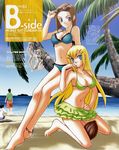  2girls absurdres beach bikini blonde_hair blue_eyes breasts brown_hair character_request cleavage coconut day gundam gundam_00 highres kinue_crossroad large_breasts long_hair louise_halevy multiple_boys multiple_girls ocean outdoors palm_tree purple_eyes shirakawa_ayako short_hair side-tie_bikini sunglasses swimsuit tree 