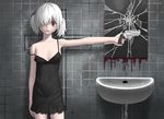  albino bare_shoulders blood broken_mirror crazy_eyes cross dress gun hair_over_one_eye handgun k+ mirror original pale_skin red_eyes revolver short_hair sink solo strap_slip twintails weapon white_hair 