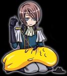  :3 black_background blue_eyes brown_hair cheese-kun chibi closed_eyes closed_mouth code_geass epaulettes full_body kannon_maldini male_focus military pizza_hut seiza simple_background sitting smile solo 