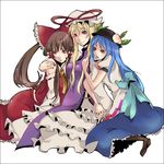  blonde_hair blue_hair brown_hair food fruit girl_sandwich hakurei_reimu hat hinanawi_tenshi long_hair multiple_girls peach ribbon sandwiched touhou yakumo_yukari yuri zen_(raspberry) 