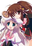  bad_id bad_pixiv_id bell blue_eyes bow brown_hair buttons fang hat hizuki_yayoi large_buttons little_busters! long_hair multiple_girls natsume_rin noumi_kudryavka one_eye_closed pink_bow red_eyes school_uniform 